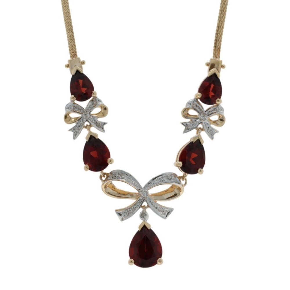 Yellow Gold Garnet Diamond Bow Drop Necklace 17 1/2" 14k Pear 6.17ctw Ribbon